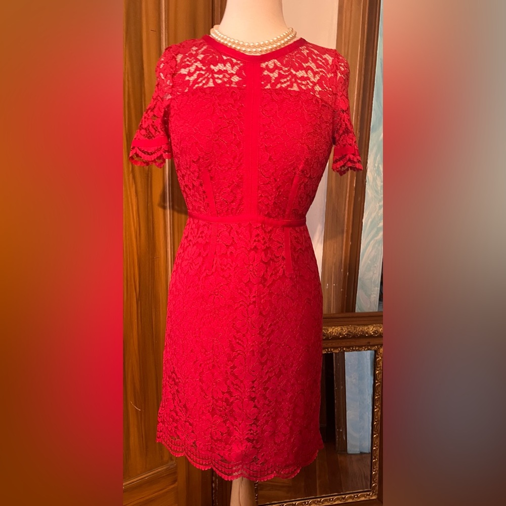 Elle Red Lace Sheath Midi Dress with Flutter Sleeves